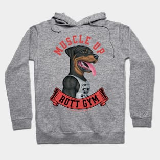 Cute Rottweiler in a Rott Gym Red Banner Hoodie